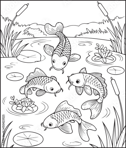 Beautiful koi fishes playing on water vector outline illustration for kids coloring book design