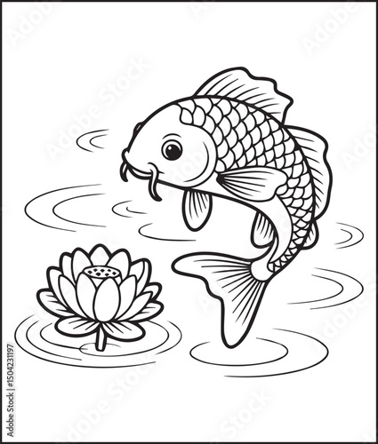 Beautiful koi fish with flower on water vector outline illustration for kids coloring book design
