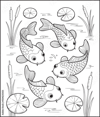Beautiful koi fishes playing on water vector outline illustration for kids coloring book design