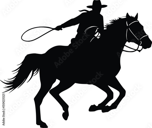 Black silhouette of cowboy riding horse at full gallop with lasso raised overhead in dynamic wild west illustration

