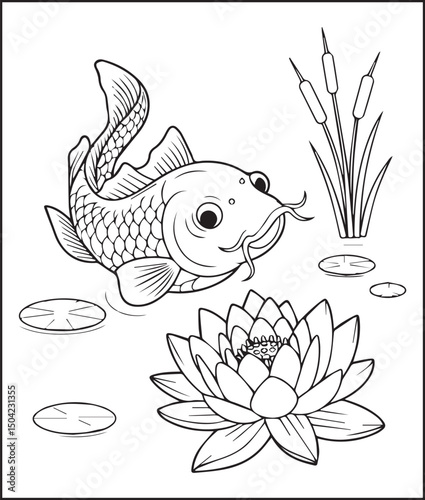 Beautiful koi fish with flower on water vector outline illustration for kids coloring book design