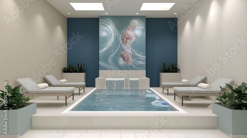Hydrotherapy pool area boast serene mural of flowing water transitioning into muscle anatomy creating connection between therapy healing Sleek lounge chair floating plant complete spa like atmosphere photo