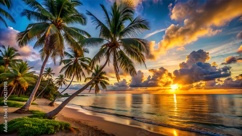 Fototapeta Naklejka Na Ścianę i Meble -  Tropical paradise at dusk, with palm trees silhouetted against a vibrant, glowing sunset sky.