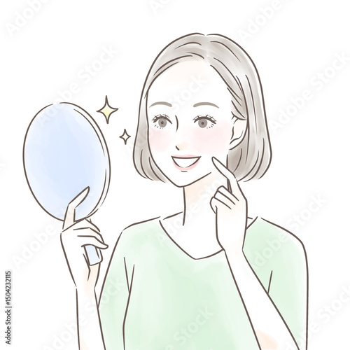 手鏡を見て綺麗な歯に感動する女性