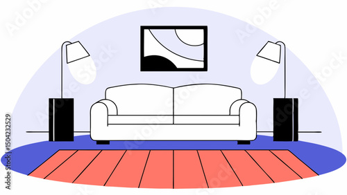 Vector large white sofa is positioned stylish living room, complemented by modern lamps and colorful rug, creating cozy atmosphere, Copy space