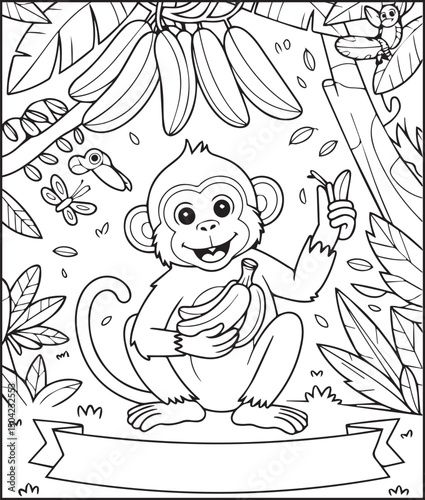 Cute monkey with bananas in natural background vector outline for children animal books