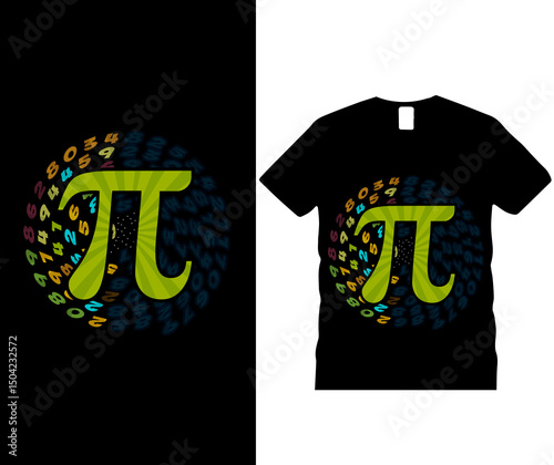 Mathematical pi symbol t-shirt design. Colorful numbers and pi on black background.