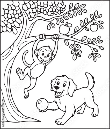 Cute monkey hanging on a tree branch playing with dog in natural background vector outline for children animal books