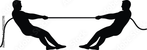 Silhouette vector of two individuals playing tug-of-war, pulling rope in dynamic opposing positions