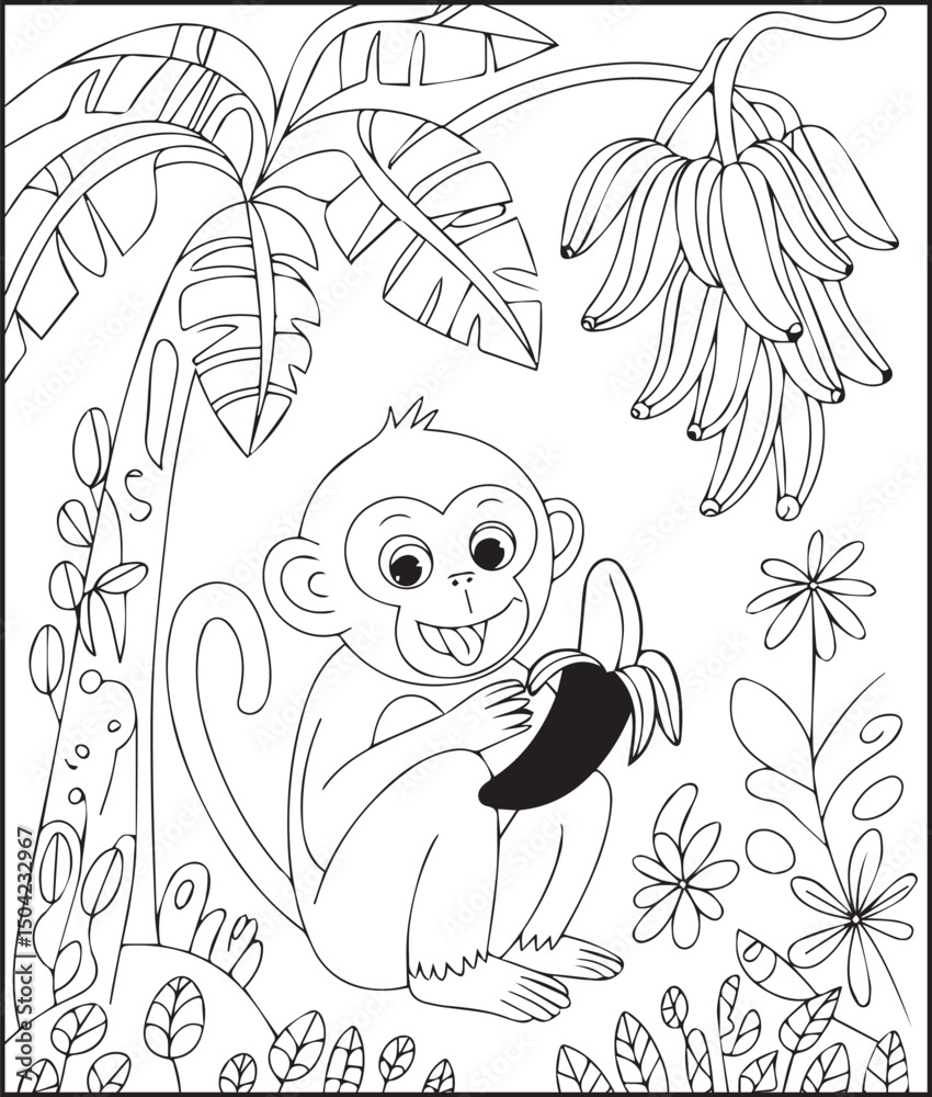 Fototapeta premium Cute monkey eating banana in natural background vector outline for children animal books