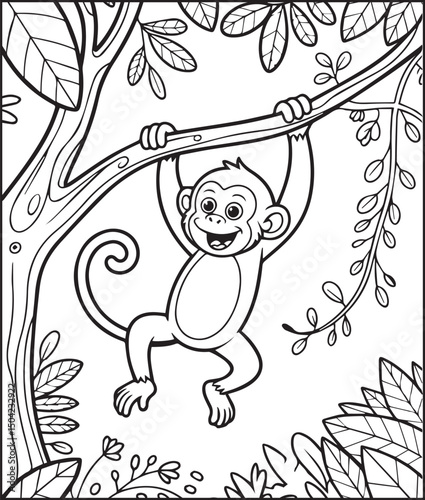 Cute monkey hanging on a tree branch in natural background vector outline for children animal books