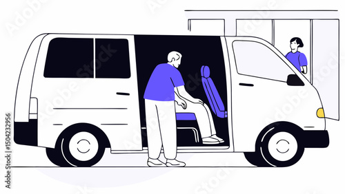 Vector caregiver is assisting elderly man in wheelchair as he enters van, showcasing compassion and support, Copy space