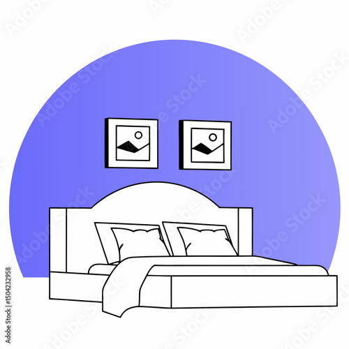 Vector modern bedroom featuring stylish bed with pillows and blanket, complemented by framed artwork on wall, Copy space