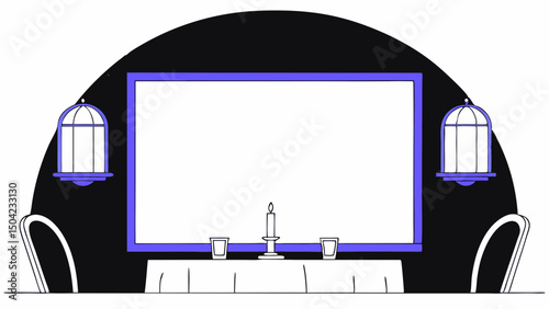Vector large wooden picture frame is displayed dark wall, surrounded by elegant candle holders and table setting, creating cozy, Copy space