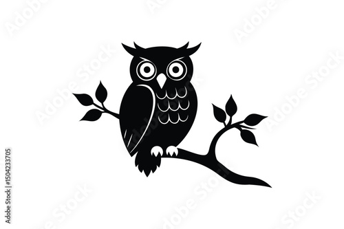 Owl with a tree branch silhouette on white background