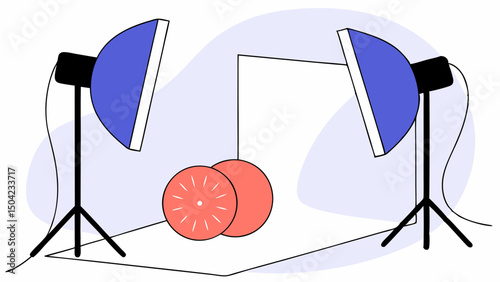 Vector photography setup featuring two studio lights illuminating backdrop with two round objects, creating vibrant and professional, Copy space