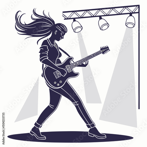 Solid black silhouette of a guitarist strumming, vector EPS
