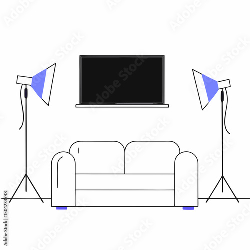 Vector modern living room featuring cozy couch, two stylish floor lamps, and wall mounted television, creating welcoming atmosphere, Copy space