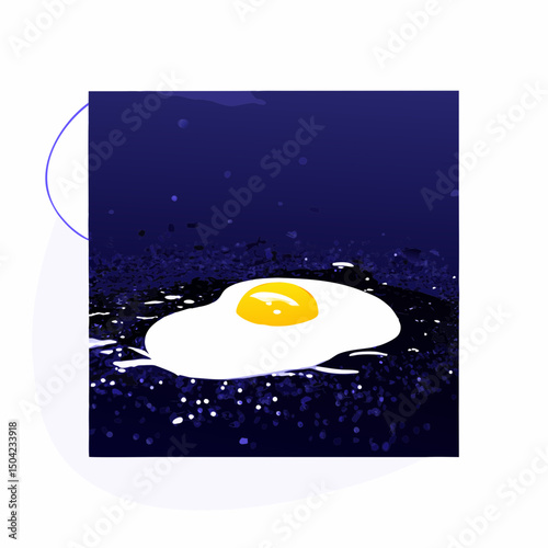 Vector sunny side up egg on dark surface, showcasing vibrant yolk and white, evokes playful and surreal atmosphere, Copy space