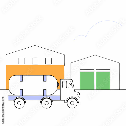 Vector white western style semi truck with empty tank drives past two industrial buildings, evoking sense of transportation, Copy space