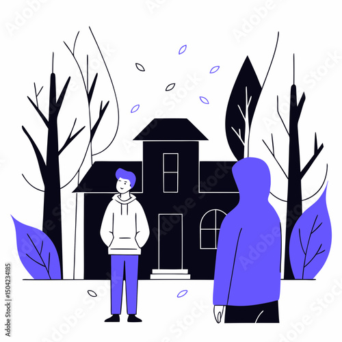 Vector young man stands in front of house surrounded by trees and leaves, creating serene atmosphere, Copy space