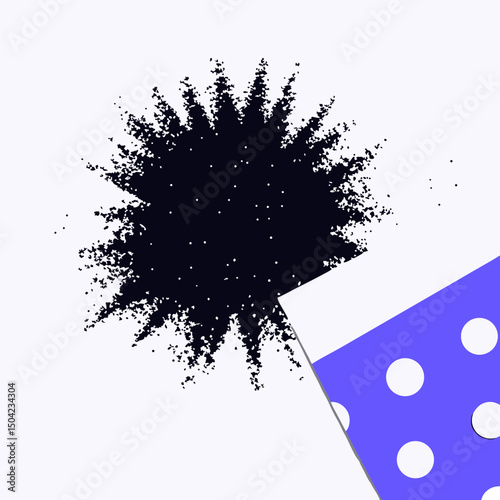 Vector dynamic black powder splash creates artistic contrast against vibrant blue background with white polka dots, evoking, Copy space