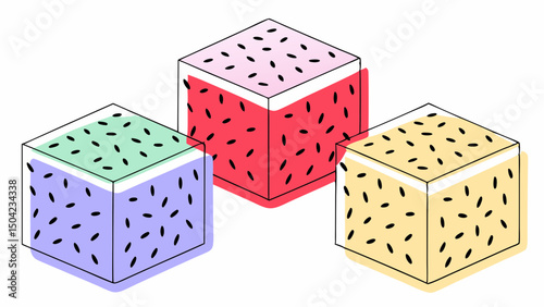 Vector Colorful jelly cubes with various flavors and textures, showcasing vibrant colors and playful design, Copy space