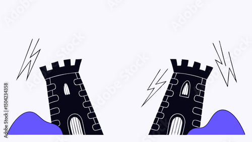 Vector whimsical two dark castle towers surrounded by stylized waves and lightning bolts, evoking sense of mystery, Copy space