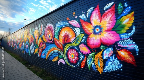 Vibrant floral mural adorns dark brick wall