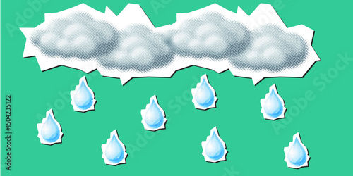 Rain fall dotted collage element pointilize in paper torn vector for weather, wet season, and stormy visuals. Ideal for seasonal rain design, clouds, and wet forecast-style illustration.