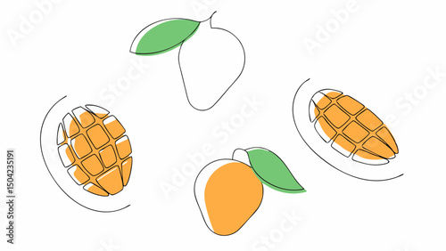 Vector Fresh mangoes with vibrant orange flesh and green leaves, showcasing whole and cubed forms, evoke tropical delight, Copy space