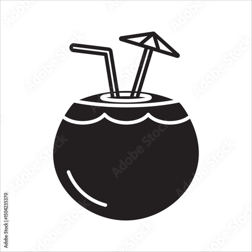  Tropical coconut drink icon, summer, beach, vacation vector illustration. on white background
