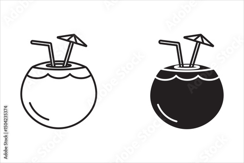 Tropical coconut drink icon, summer, beach, vacation vector illustration. on white background