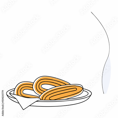Vector Delicious churros on plate, freshly made and steaming, perfect for dessert or snack, Copy space