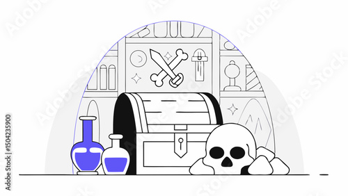 Vector treasure chest filled with mysterious items, including skull and potions, evokes sense of adventure and intrigue, Copy space