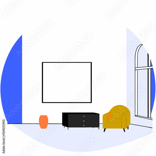 Vector modern living room featuring stylish yellow chair, sleek black cabinet, and orange vase against minimalist backdrop, Copy space