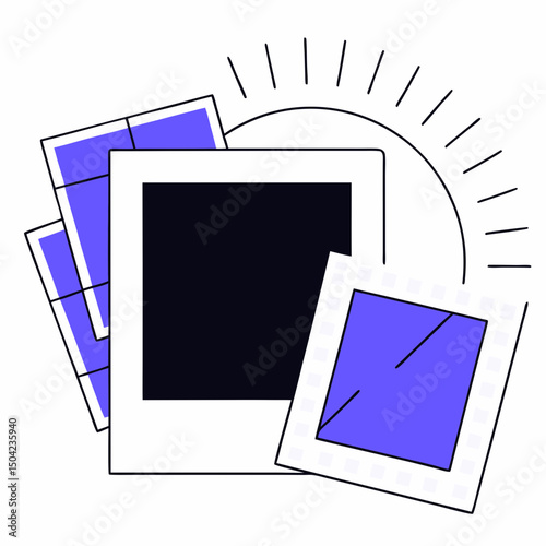 Vector collection of empty photo frames with vibrant blue background, showcasing creativity and design potential, Copy space