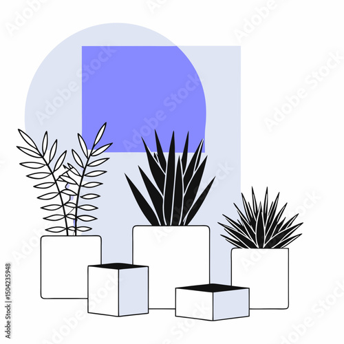 Vector Stylish arrangement of various plants in modern pots with geometric shapes in background, creating fresh atmosphere, Copy space
