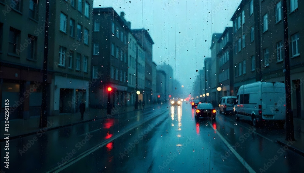 Obraz premium Raindrops on Glass Against a Blurry Urban Street Evening Scene