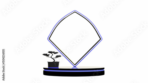 Vector modern display stand unique diamond shape with minimalist design, complemented by small potted plant, Copy space