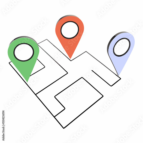 Vector map markers on simple outline of map, representing navigation and location, Copy space
