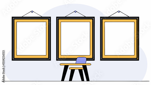 Vector Three large thick wooden picture frames hanging on wall above simple chair, creating minimalist and artistic atmosphere, Copy space