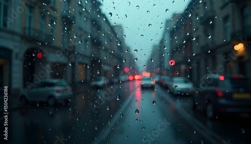 Raindrops on Glass Against a Blurry Urban Street Evening Scene