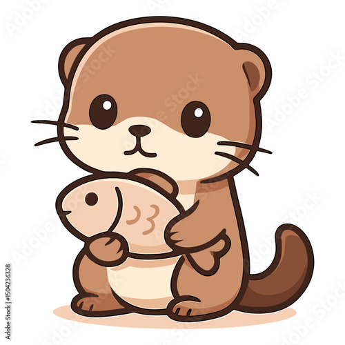 Weasel Cartoon Mascot Cute Beaver Ferret Holding Fish Illustrations