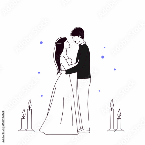 Vector romantic couple dancing together in softly lit setting, surrounded by candles, creating warm and intimate atmosphere, Copy space