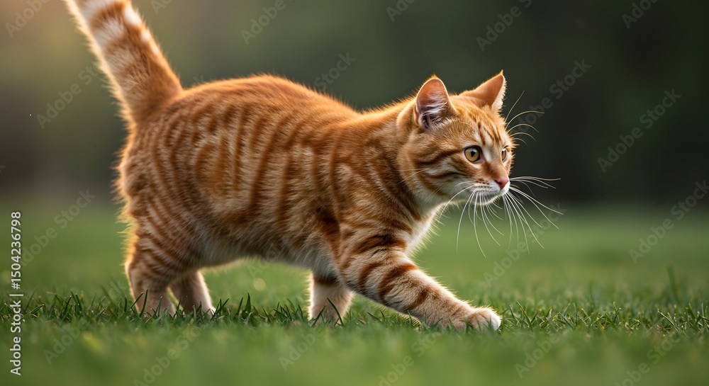 Ginger Cat Strolling Through Green Grass, Focused on Its Next Step Ginger Cat Strolling Through Green Grass, Focused on Its Next Step