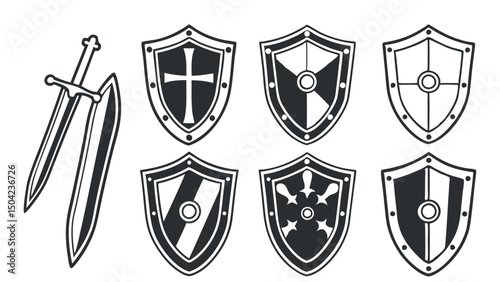 Set of shiny medieval shields and swords with heraldic designs and security symbols