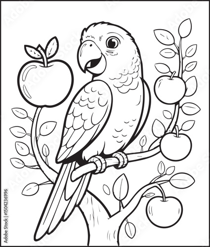 Beautiful parrot sitting on an apple tree branch in natural scenery outline vector line art illustration coloring page design for kids