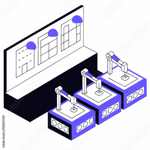 Vector Automated industrial machinery with robotic arms in modern factory setting, showcasing advanced technology and efficiency, Copy space