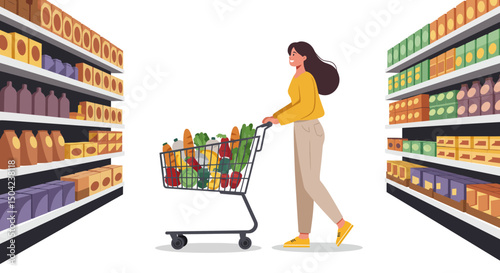 Woman Shopping for Groceries in Supermarket Aisles